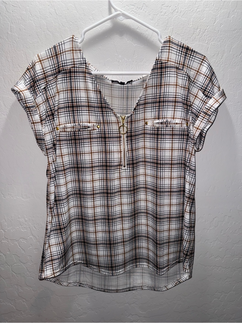 Women’s Plaid Zip-Front Blouse - White & Brown